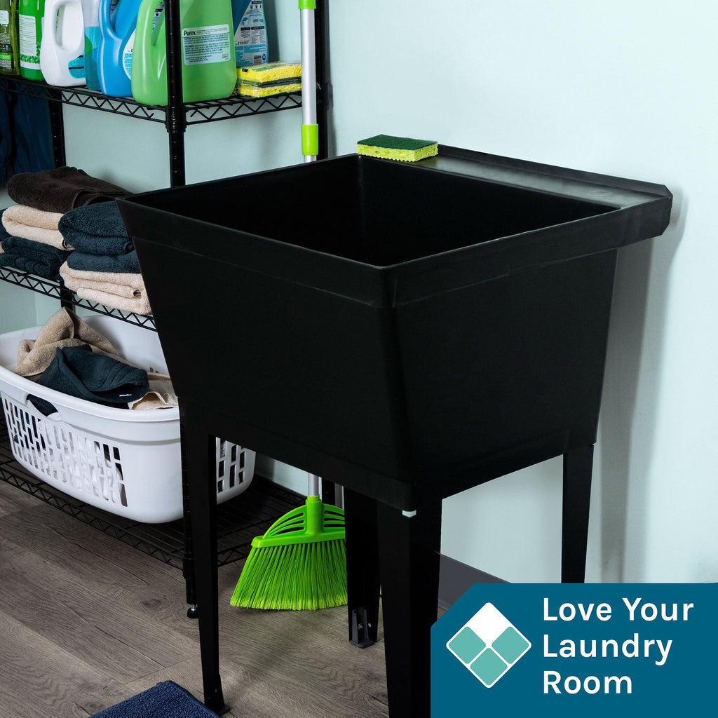 Tehila Standard Freestanding Black Utility Sink with Black Legs, Water Supply Lines Included