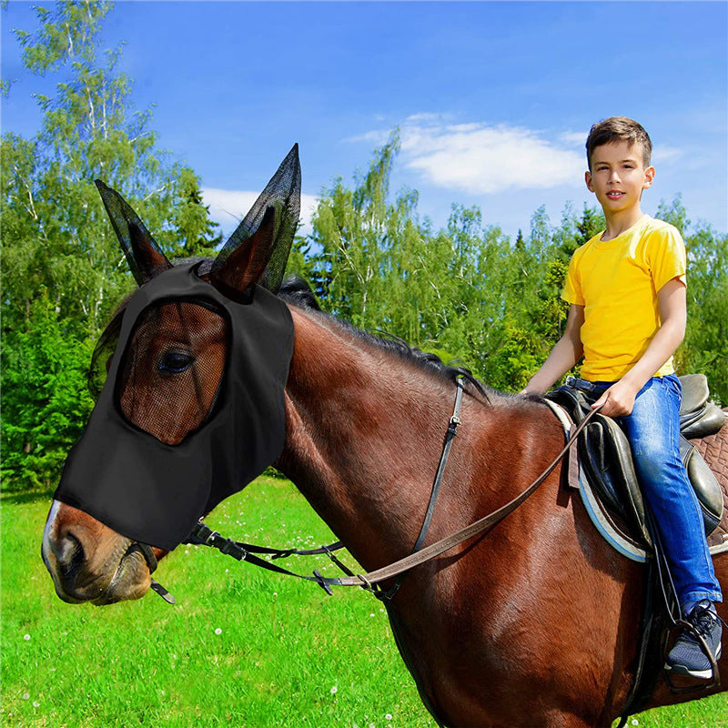 Lycra Horse Fly Mask With Ears Comfort Fit Mesh Trail Pasture Sun UV Protection