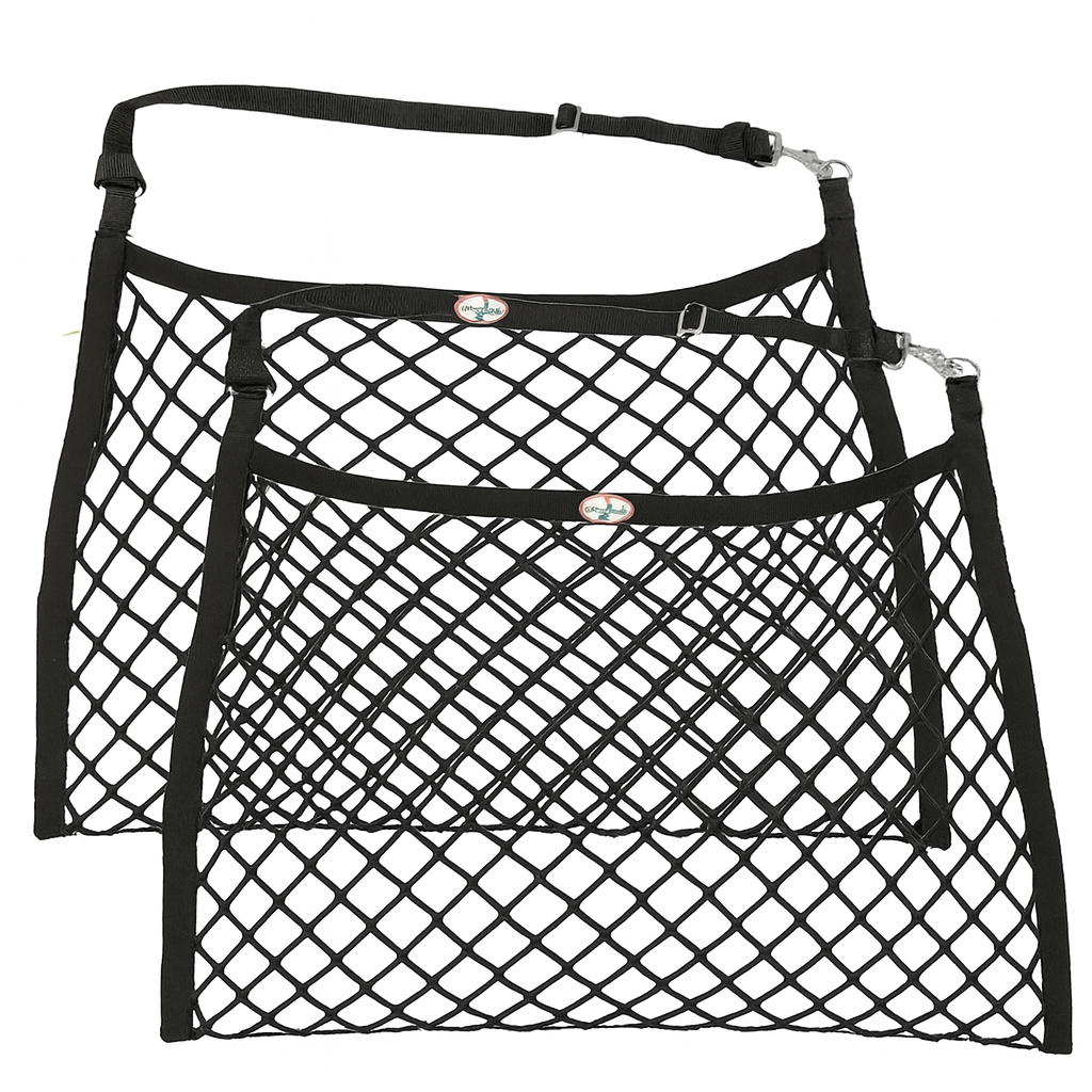 Derby Originals Paris Tack Knotless Ultra Slow Feed Hay Nets – Set of 2, 1.5" Openings, 24"x30", Soft on Muzzles, Adjustable Hanging Strap with Snap, Holds 2 Flakes Each