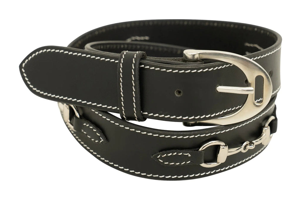 Huntley Equestrian Ladies Stirrup Buckle, Snaffle Bit, 1.5" Inch Width Leather Belt, Black
