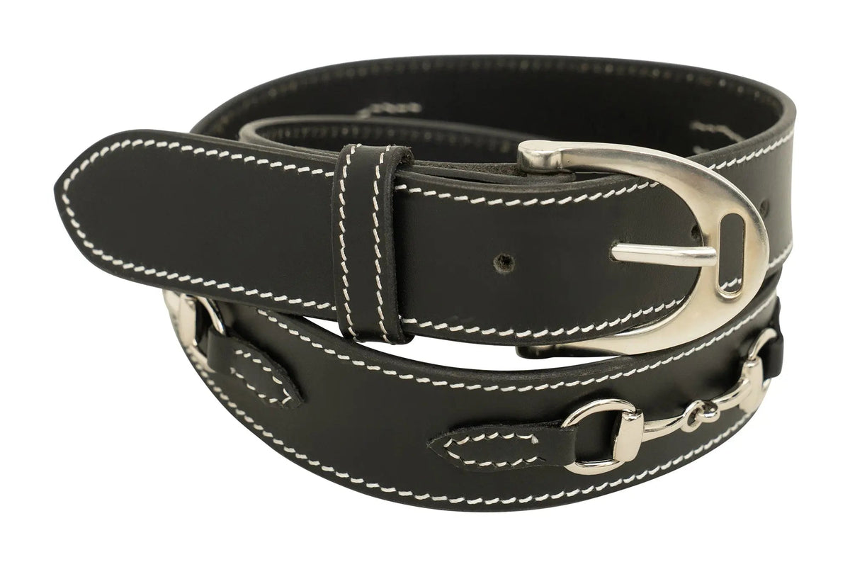 Huntley Equestrian Ladies Stirrup Buckle, Snaffle Bit, 1.5" Inch Width Leather Belt, Black