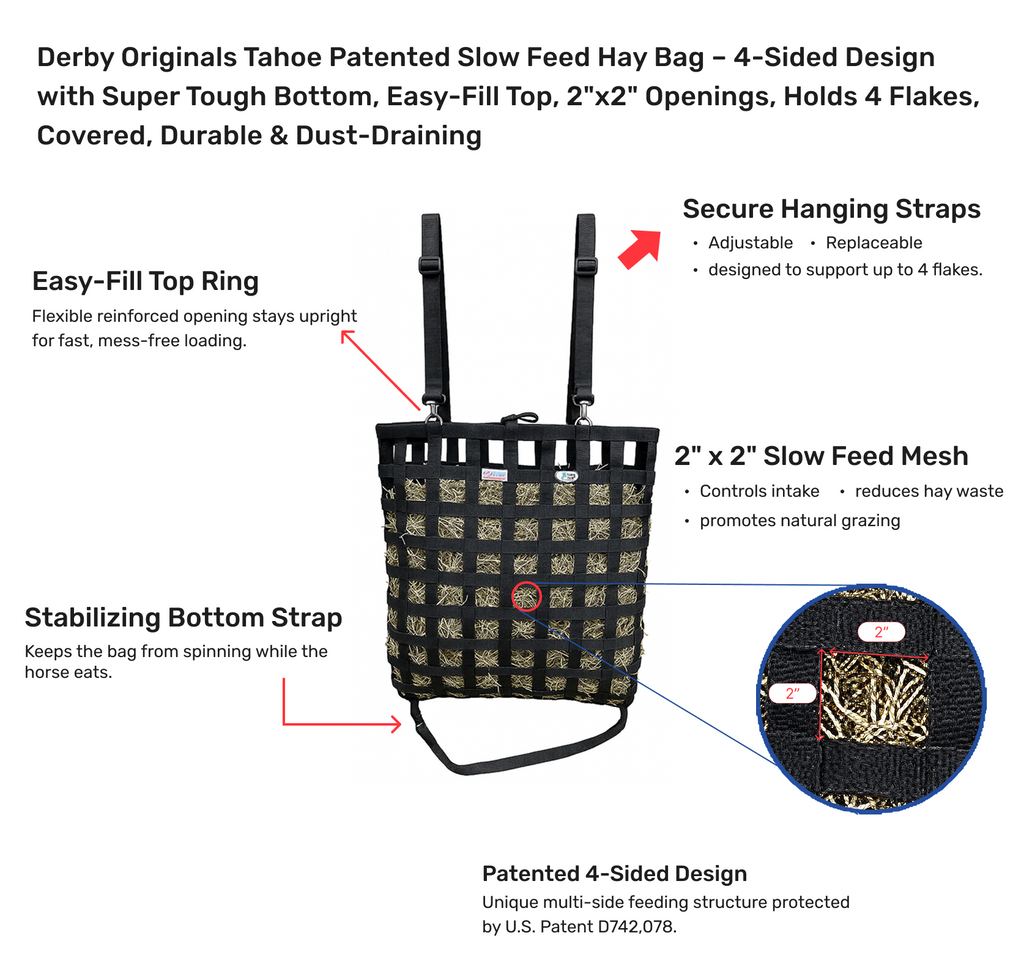 Tahoe Patented Slow Feed Hay Bag – 4-Sided Design with Super Tough Bottom, Easy-Fill Top, 2"x2" Openings, Holds 4 Flakes, Covered, Durable & Dust-Draining