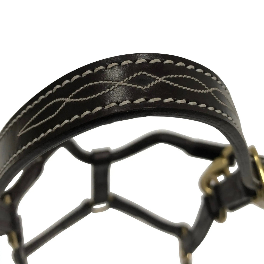 Huntley Equestrian Fancy Stitched Adjustable Premium Leather Pony Halter with Brass Hardware