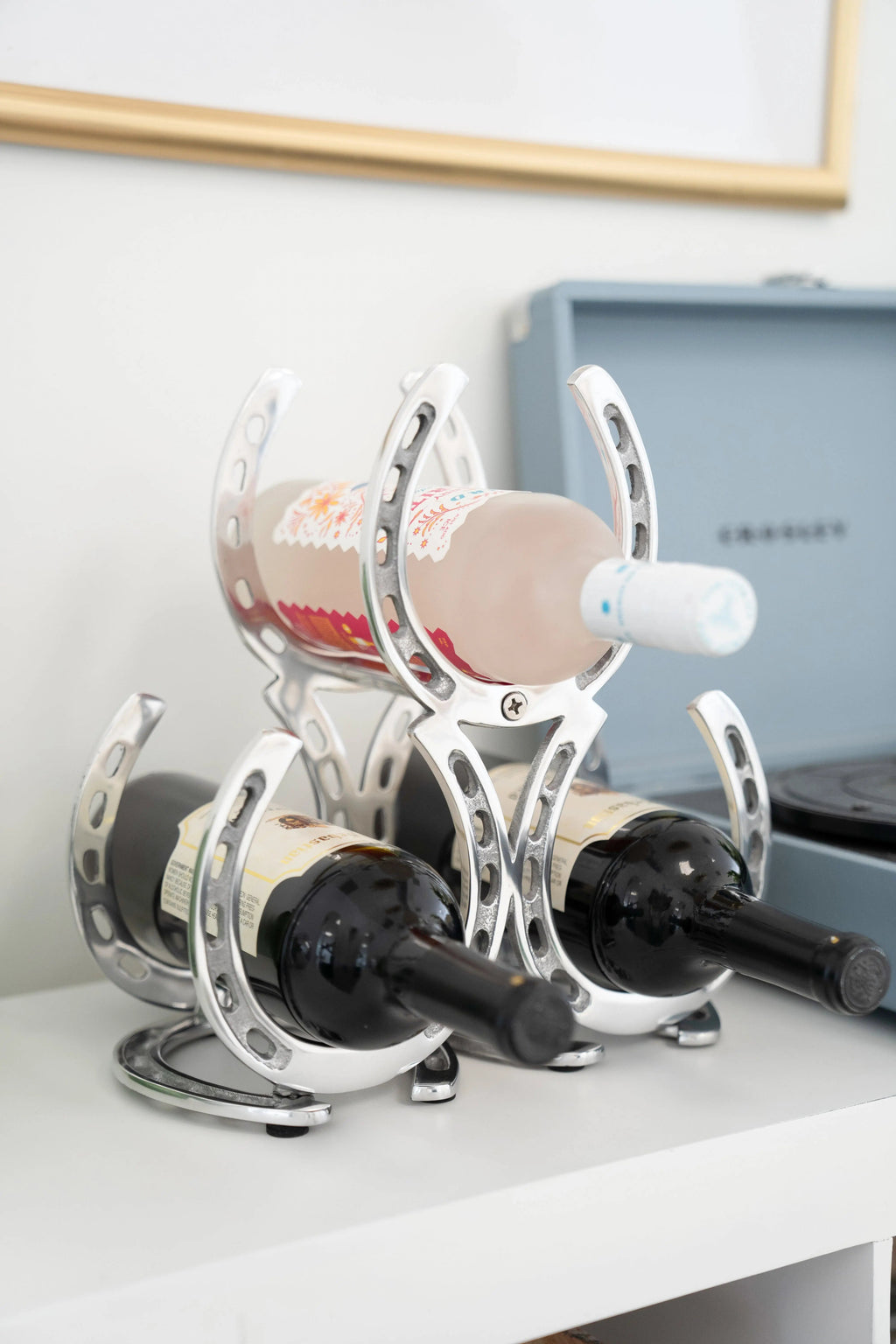 Huntley Horseshoe 3-Bottle Wine Rack, Aluminum Silver Finish