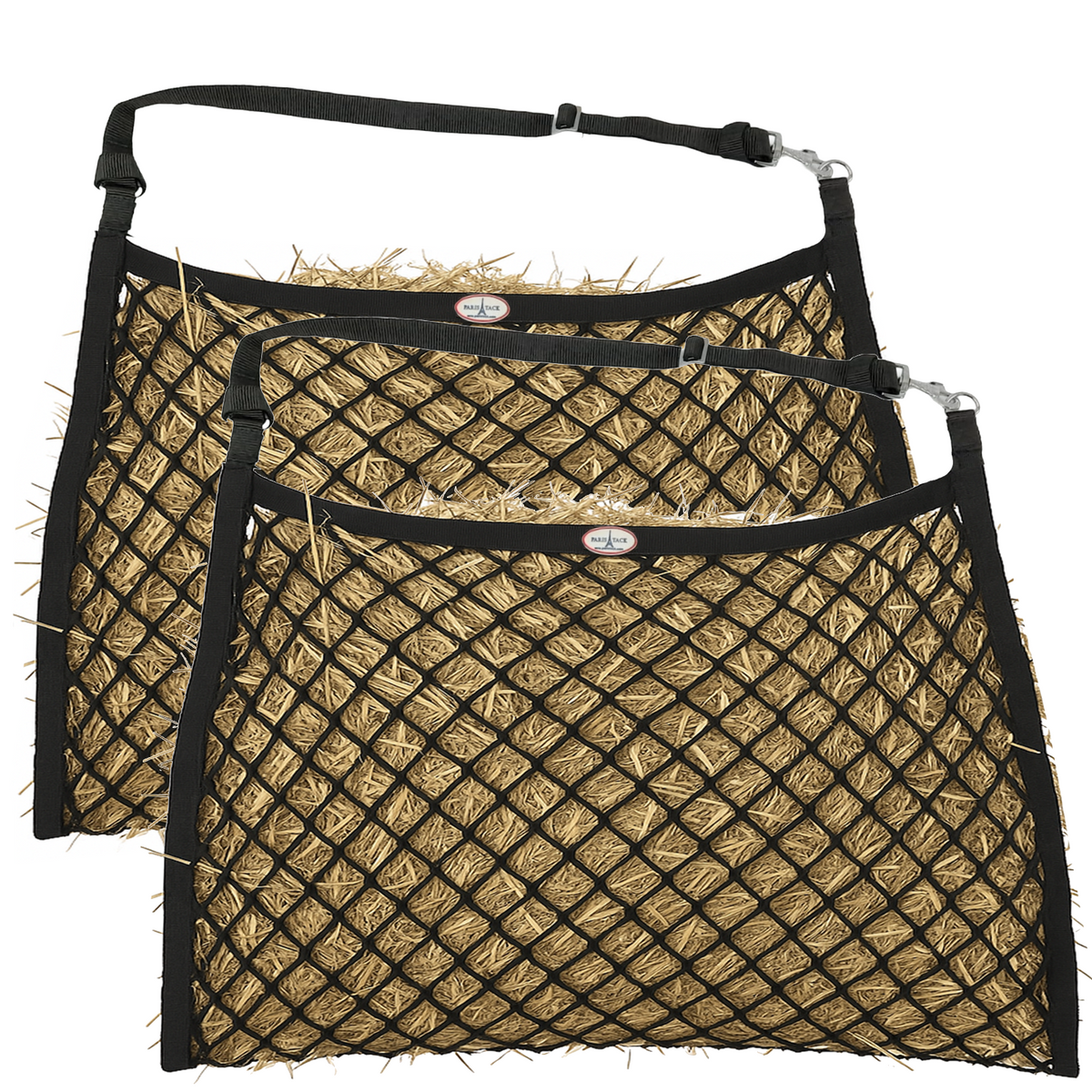 Derby Originals Paris Tack Knotless Ultra Slow Feed Hay Nets – Set of 2, 1.5" Openings, 24"x30", Soft on Muzzles, Adjustable Hanging Strap with Snap, Holds 2 Flakes Each